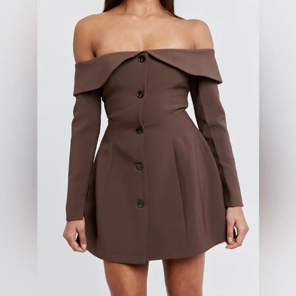 Odd Muse The Ultimate Muse Button Up off shoulder long sleeve Mini Dress Brown - Picture 4 of 9